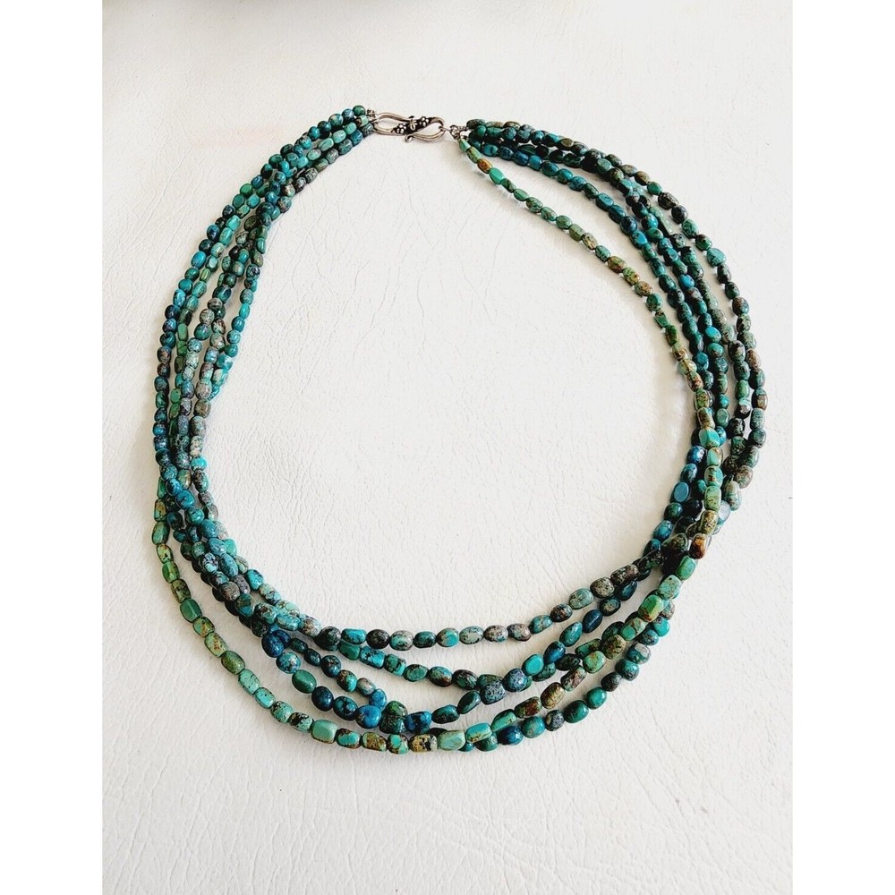 Southwestern Sterling Silver 5 Strand Turquoise  22” Beaded Necklace